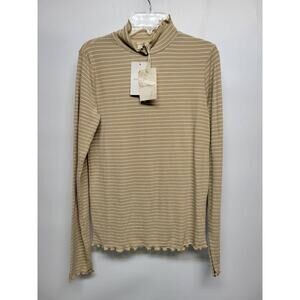 Hem & thread Beige Striped Mock Neck Lettuce Edge Top Small